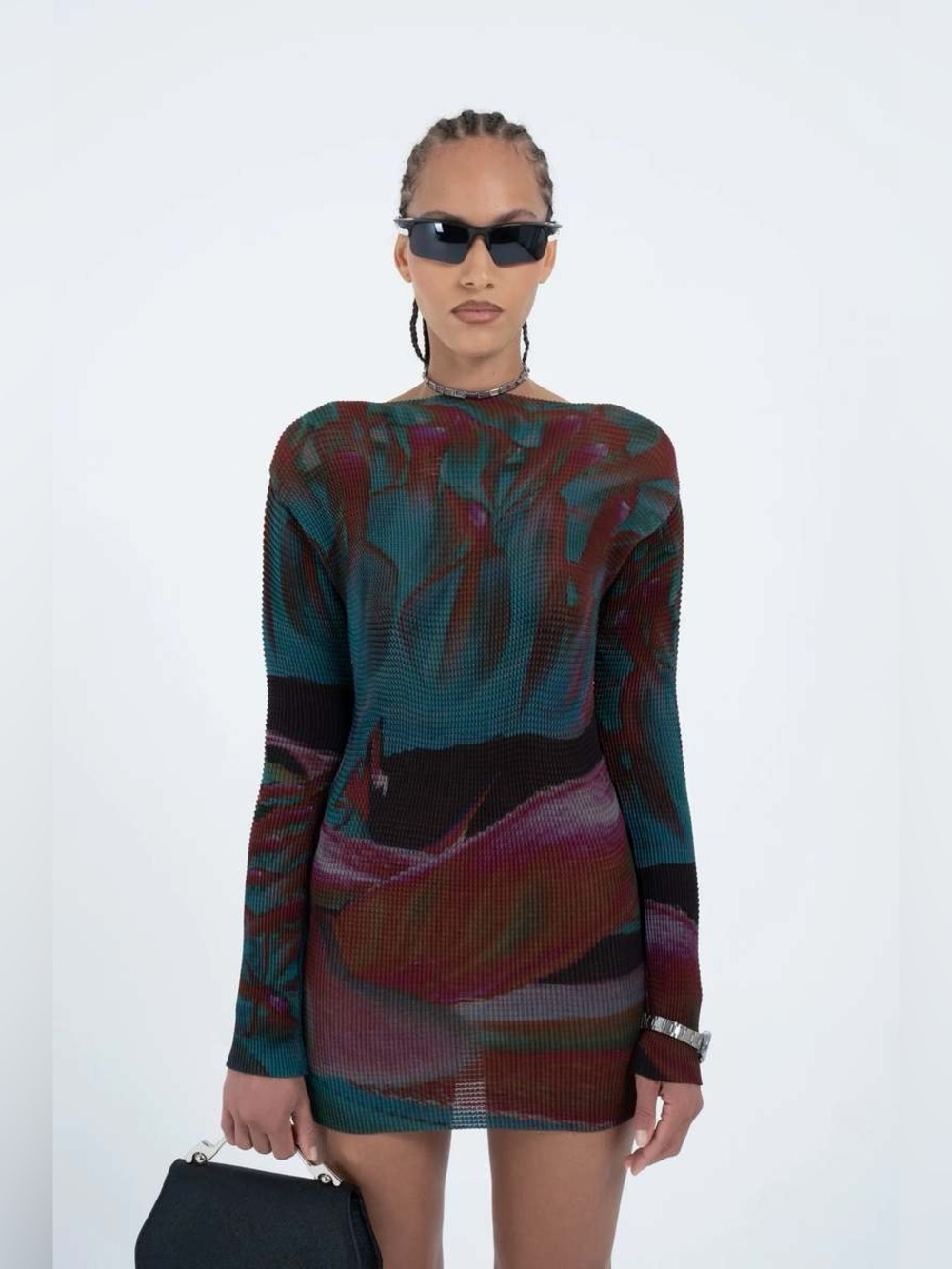 Arthur NWT Waffle Pleated Mini Dress 4 Waratah Teal‎ Red Dark Watercolor Texture